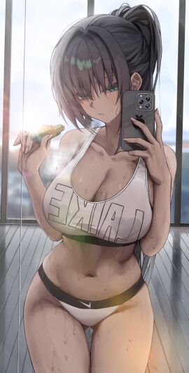 1girls after_workout big_breasts black_hair breasts cleavage dark-skinned_female dark_skin detailed_background female green_eyes gwan-e half-closed_eyes iphone looking_at_viewer mirror navel nike original original_character panties phone ponytail selfie skindentation solo solo_female sports_bra sportswear suiryoku_sana sweat sweatdrop vape wet wet_body