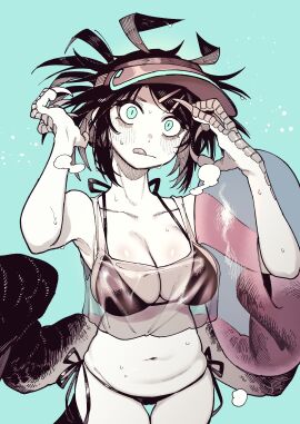 1girls :q antenna_hair bags_under_eyes big_breasts bikini black_bikini black_hair blue_eyes blush breasts cameltoe claws collarbone cowboy_shot crow-chan_(karasu_raven) female karasu_raven looking_at_viewer medium_breasts monster monster_girl original panties pussy sweat tongue tongue_out underwear wings