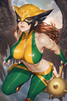 abs breasts brown_hair brown_wings cloud collarbone dc dc_comics english_commentary feathered_wings female green_eyes hawkgirl highres holding holding_mace holding_weapon large_breasts lips mace mask mixed-language_commentary neoartcore parted_lips patreon_username pouch purple_nails sky sleeveless solo spiked_mace spikes thai_commentary thigh_pouch weapon wings zipper