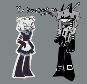 2boys bloodshot_eyes buckle chaos disgusted fangs femboy femboysub fundamental_paper_education glasses horns i_want_that_thing_hung_by_jumper_cables idiot idk_what_to_tag_it maid_apron maid_dress maid_outfit male mister_demi_(fundamental_paper_education) musical_note naic_cavite_(provincehumans) overalls pencil sake_(artist) standing twink worried_expression xd