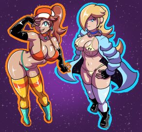 2girls bikini blonde_hair blue_eyes boots breasts brown_hair busty curvy earrings female hair_over_one_eye mario_(series) nintendo peace_sign princess_daisy princess_rosalina robveemo small_bikini thick_thighs thighhighs wink