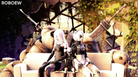 1boy 2girls 3d blindfold breasts clothed clothing couch female giantess hairband large_female light-skinned_female light-skinned_male light_skin long_hair male micro mini_giantess nier nier:_automata roboew short_hair shrunk shrunken_male sitting size_difference smaller_male white_hair yorha_2b yorha_9s yorha_a2