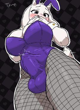 1futa 2_horns anthro balls balls_outline big_breasts big_bulge bodily_fluids boss_monster_(undertale) bovid breasts bulge bunny_costume caprine clothing costume detailed_bulge fake_ears fake_rabbit_ears female fishnet_clothing fishnet_leggings fishnet_legwear floppy_ears ftg_crossgender fti_crossgender fur futa_only futanari genital_fluids genital_outline goat hi_res horn intersex leggings legwear leotard long_ears low-angle_view mammal mature_female penis penis_outline precum shirt_cuffs short_tail solo tail tail_motion tailwag toriel tsunoart undertale undertale_(series) white_body white_fur