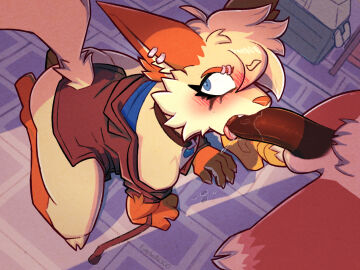 accipitrid accipitriform annoyed avian bird blush canid canine caught_in_the_act dragon eagle eyeball6300_(chiv) fellatio fennec_fox flip_(flipyart) flustered fox hi_res male mammal multiple_piercings mythological_creature mythological_scalie mythology oral penile penis piercing scalie sex true_fox