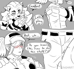 2022 2d 2girls animatronic anthro bangs blush blush_lines canid canine canis clothing comic dialogue digital_media duo ear_piercing ellipsis english_text female female/female female_only five_nights_at_freddy's five_nights_at_freddy's:_security_breach furry hat headgear headwear hi_res human human_on_anthro interspecies machine mammal multiple_females multiple_girls piercing question_mark robot roxanne_wolf_(fnaf) scottgames size_difference steel_wool_studios syndhart text uniform vanessa_(fnaf) wolf yuri