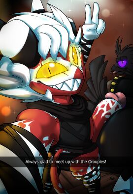 2024 5_fingers air_creature anthro arm_scar arm_wraps armband ass asymmetrical_clothes avian beak bent_over big_ass big_butt big_penis biped bird black_body black_clothing black_feathers black_legband black_legwear black_markings black_shirt black_thigh_highs black_topwear black_wraps body_scars bottomwear camera_view chest_tattoo claws clothed clothing colored corvid corvus_(genus) crop_top crow damien_(ner0_kobold) digital_drawing_(artwork) digital_media_(artwork) duo elemental_creature english_text erection eye_scar eyebrows facial_scar feather_hair feathered_arms feathered_tail feathers fingers flare_(ner0_kobold) genetalia genitals gesture ghost glans glowing glowing_eyes gold_(metal) golden_accessories hair hand_gesture handwear helluva_boss hi_res hooves horn hot_dogging huge_cock humanoid_genetalia humanoid_genitalia humanoid_penis imp jewelry leg_scar leg_wrap legband leggings legwear living_smoke long_tail looking_at_viewer looking_back male male/male markings multicolored_body natural_eyeshadow ner0_kobold occult_symbol on_box orange_eyes orange_sclera oscine passerine pecs penis pose pseudo_hair pupils purple_eyes purple_markings purple_sclera rear_view red_body red_skin scar selfie sex shaded sharp_teeth shirt short_anthro short_male sigil simple_background slit_pupils smile smoke solo spirit standing standing_on_box striped_horn stripes studded_armband studded_clothing studded_leather studded_legband studs symbol tail tail_feathers tattoo teeth text text_box thigh_highs tongue tongue_out topwear tuft two-tone_body v_sign watermark white_body white_hair white_markings white_skin wraps