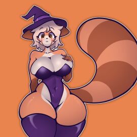 big_breasts big_hips breasts costume female flooffypotat raccoon_girl red_panda thick_thighs twitter_user_oc