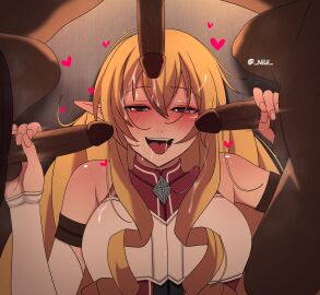 3boys ahe_gao big_breasts blonde_hair breasts bukkake circle_jerk cum cum_in_mouth cum_on_face dark-skinned_male dark_skin double_handjob dressed elinalise_dragonroad enjoying faceless_male facial female gangbang group group_sex handjob happy_sex interracial light-skinned_female light_skin loving_it male multiple_boys multiple_males mushoku_tensei niui orgy smile