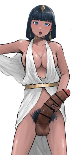 1futa areolae balls bangs big_breasts bottomless breasts censored clothed clothing dark-skinned_futa dark_skin darkened_genitalia erection futa_only futanari huge_cock human intersex large_penis nipples partially_clothed penis pubic_hair smzqsk solo standing