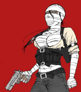 1girls 2024 2d 2d_(artwork) angry bandages black_hair clothed clothed_female clothing colt_1911 covered_face fallout fallout_new_vegas female firearm genderswap gun handgun human joshua_graham looking_at_viewer looking_down m1911 mahado no_artist_signature outerwear pistol questionable red_background rule_63 semiautomatic sfw simple_background weapon