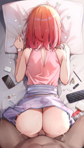 1boy 1girls ahoge anus ass bed_sheet black_panties bu_leike cellphone censored clothed_female_nude_male clothed_sex clothes_lift clothing_aside commentary condom condom_wrapper dark-skinned_male dark_skin face_in_pillow facing_away female heart highres hololive hololive_dev_is hololive_regloss ichijou_ririka id_card key light-skinned_female light_skin lying male male_pov median_furrow mosaic_censoring nude on_stomach orange_hair panties panties_aside partially_clothed phone pillow pink_hair pink_shirt pov pov_crotch print_skirt prone_bone purple_skirt pussy sex shirt shirt_tucked_in short_hair skirt skirt_lift sleeveless sleeveless_shirt smartphone solo_focus straight thong underwear vaginal_penetration virtual_youtuber watch wristwatch