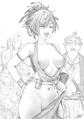 1boy 1girls 2024 2d armpit artist_name artist_signature blush breasts breasts_out cleavage dated female female_focus fkscrashing hair_bun half_naked horny horny_female human human_female human_male japanese japanese_clothes japanese_female jigokuraku kunoichi light-skinned_female light-skinned_male light_skin male midriff monster monsters naked_female ninja nipple_slip nipples no_sex not_ai_generated partially_clothed presenting presenting_pussy pubic_hair pulling_own_clothes purple_clothing pussy pussy_hair realistic_breast_size realistic_proportions shiny_skin showing_pussy standing tongue tongue_out yamada_asaemon_senta younger_female yuzuriha_(jigokuraku)