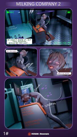 3d_(artwork) 9:16 anthro bondage close-up comic_panel digital_media_(artwork) domestic_cat electrostimulation english_text felid feline felis fucking_machine genitals glande hi_res laboratory machine male mammal milking_machine monarquis penile penis penis_milking penis_milking_machine romy_(monarquis) slave solo text