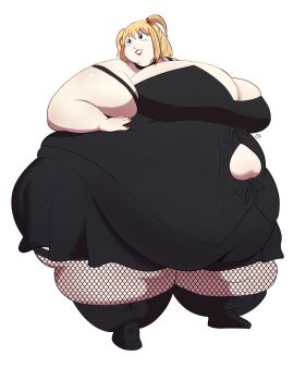1girls alternate_body_type amane_misa belly_overhang belly_window bifurcated_gunt black_dress blonde_hair blue_eyes breasts_bigger_than_head choker cleavage death_note double_chin dress fat fat_arms fat_female fat_thighs female_only fishnet_legwear fishnet_stockings fishnets fully_clothed hands_on_belly highres huge_belly huge_breasts kneehighs lipstick mochiistar obese obese_female overweight overweight_female solo ssbbw standing stockings twintails weight_gain white_background