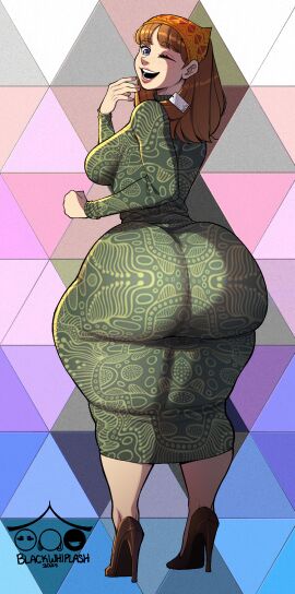 artist_signature ass blackwhiplash blue_eyes breasts brown_hair cool_clothes dress female freckles_on_face heels huge_ass huge_breasts huge_butt looking_back martha_webley_(blackwhiplash) one_eye_closed open_smile original original_character pink_lips third-party_edit