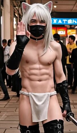 3d 3d_animation ai ai-created ai_art ai_assisted ai_generated cat_ears choker face_mask facemask fundoshi gay katana loincloth long_hair male male_focus male_only nekomimi public public_exposure public_indecency public_nudity solo_male sword tagme thigh_boots thigh_highs thighhighs toned toned_body toned_male vambraces video white_hair