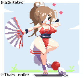 artist_logo brown_hair cloud fan fatal_fury grass heart mai_shiranui pixel_art retro_artstyle tagme thatsmy4rt