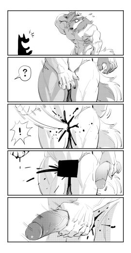 1500jiangbao absurd_res anthro big_penis bodily_fluids canid canine canis comic domestic_dog duo embarrassed genitals hi_res huge_cock humor laugh male male/male mammal muscular muscular_anthro muscular_male pecs penis ripping undead vein veiny_penis zombie