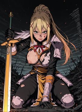 1female 1girls ai_generated armor blonde_hair bodysuit braid braided_hair breasts breasts_exposed broken_armor darkness_(konosuba) dustiness_ford_latatina female female_knight fierce fierce_expression full_body futality green_eyes hair_accessory holding_sword kneeling knight kono_subarashii_sekai_ni_shukufuku_wo! konosuba large_breasts lips long_hair looking_at_viewer nipples plate_armor ponytail ripped_clothing solo tattered torn_clothing