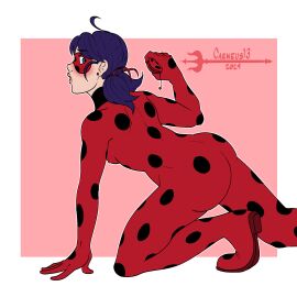 1girls 2024 2d 2d_(artwork) ahoge artist_name ass blue_eyes blue_hair blush bodysuit boobs_and_butt_pose breasts caeneus13 domino_mask eye_mask female female_only fully_clothed ladybug_(character) looking_back marinette_dupain-cheng miraculous:_tales_of_ladybug_and_cat_noir miraculous_ladybug nipple_bulge nipples_bulge pigtails rear_view solo superheroine yo-yo yoyo