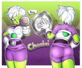 1girls alien alien_girl armor ass ass_focus bottom_heavy breasts bubble_ass bubble_butt cheelai dragon_ball dragon_ball_super female female_only gloves green_body green_skin gun large_ass large_breasts looking_at_viewer pointing_gun pointing_gun_at_viewer purple_eyes purple_shorts raygun saiyan_armor short_hair shorts shounen_jump spankable_ass thick_thighs white_gloves white_hair wide_hips winking winking_at_viewer