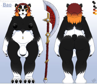 anthro balls bear big_penis blizzard_entertainment breasts claws digital_media_(artwork) drxii ear_piercing facial_piercing fur futanari genitals hair hi_res intersex lip_piercing mammal melee_weapon model_sheet nipple_dip nipples nude pandaren penis piercing red_hair simple_background solo tail warcraft weapon yellow_eyes