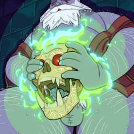 absurd_res balls beard bodily_fluids body_hair bone cel_shading clothed clothing colored_fire cum detailed_background duo dwarf ejaculation facial_hair facial_tattoo fingernails fire foreskin gem genital_fluids genitals green_fire grey_body grey_nipples grey_skin hi_res holding_skull humanoid magic male male/male nails nipple_piercing nipples open_mouth overweight overweight_male partially_clothed penis piercing pubes quasarbearcat red_clothing red_gem retracted_foreskin shaded skull tattoo tusks undead white_beard white_facial_hair white_pubes