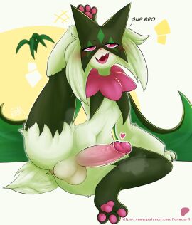 absurd_res anthro anus balls dialogue feet felid fermusieboir4 flexible front_view fur gay gay_male generation_9_pokemon genitals green_body green_fur hi_res homosexual homosexual_male humanoid_genitalia humanoid_penis looking_at_viewer male male_meowscarada mammal mask meowscarada narrowed_eyes nintendo nude one_leg_up open_mouth penis pink_eyes pokemon pokemon_(species) raised_leg seductive sitting small_waist solo solo_male tail