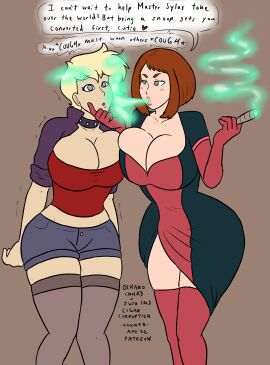 betrayal breasts brown_hair cigar corruption dialogue enemy_conversion english_text female femsub gloves happy_trance huge_breasts hypnotic_gas hypnotic_smoke hypnotic_smoking hypnotized_hypnotist juju_(juju) memetic_control my_hero_academia ochako_uraraka opera_gloves original_character short_hair short_shorts smoke smoking speech_bubble spiral_eyes super_hero symbol_in_eyes text xxxx52