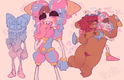 alternate_skin_color behind_another blush curly_hair dark-skinned_female dark_skin doll female glitch_productions licking nude pink6900 pomni_(the_amazing_digital_circus) race_swap ragatha_(the_amazing_digital_circus) the_amazing_digital_circus