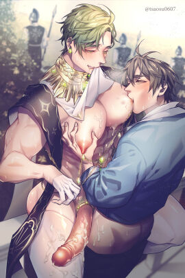 2boys big_pecs big_penis blush breasts cum cumming eiden_(nu:_carnival) erect_penis erection gay grabbing_pecs male male_focus male_only male_tits multiple_boys multiple_males muscular muscular_male nipple_chain nipple_piercing nipples nu:_carnival olivine_(nu:_carnival) pants_down pecs pecs_grab pecs_touching penis piercing priest sucking sucking_nipples thick_thighs touching_pecs tsaosu0607 yaoi