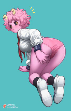 all_fours ashido_mina ass black_sclera black_socks blush breasts clothing colored_sclera colored_skin female footwear from_behind horns kneeling lace-trimmed_panties legwear lentiyay long_sleeves looking_at_viewer looking_back mina_ashido my_hero_academia neckerchief no_pants notice_lines pantsu pink-haired_female pink_hair pink_panties pink_skin red_neckerchief sailor_collar school_uniform serafuku shirt shoes short_hair skirt socks solo thighs u.a._school_uniform underwear uniform white_shirt yellow_eyes