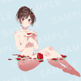 1girls bangs belly blush blushing blushing_at_viewer breasts brown_eyes brown_hair convenient_censoring female flowers hair_up hourglass_figure human kanojo_okarishimasu large_breasts legs light-skinned_female light_skin long_legs looking_at_viewer mizuhara_chizuru naked navel official_art pinup sitting slender_legs slim_waist smile solo straight_hair tall tall_female thighs tied_hair water watermark white_body white_skin wide_hips