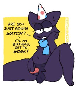 2d_animation animated anthro balls belly birthday bodily_fluids clip_studio_paint_(artwork) clothing dialogue digital_media_(artwork) domestic_cat felid feline felis frame_by_frame fur genitals hat headgear headwear joe_(thatguynamedjoe) male male_only mammal masturbation mostly_nude party_hat penile penile_masturbation penis pink_penis purple_body purple_fur scarf scarf_only simple_background slightly_chubby small_penis solo spread_legs spreading sweat sweatdrop thatguynamedjoe thick_thighs toony