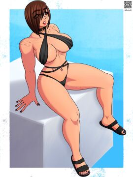 big_breasts big_thighs big_titties bikini blush breasts brown_hair cleavage clothing curvaceous curvaceous_female curvaceous_figure curvy curvy_figure curvy_hips female female_only looking_at_viewer original original_character pircing polly_(zedro) red_eyes short_hair sitting solo zedro