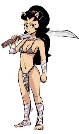 anthro artist_request black_hair breasts cat_ears cat_girl cat_humanoid catgirl chainmail chainmail_bikini cleavage female foot_wraps furry holding_weapon large_breasts long_hair marvel marvel_comics red_sonja_(cosplay) sword tomoe_ame usagi_yojimbo