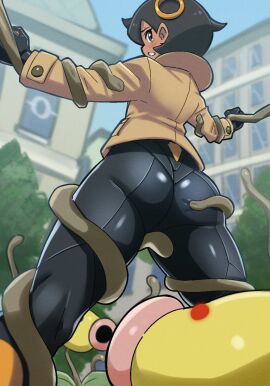ass_focus back_view bellsprout black_hair bodysuit coat crying_with_eyes_open emma_(pokemon) emma_(pokemon_legends:_z-a) imminent_rape jacket jpeg matiere_(pokemon) matiere_(pokemon_legends:_z-a) outdoors pokemon pokemon_(species) pokemon_legends:_z-a pokephilia rear_view restrained restrained_by_tentacles short_hair tamtam_(srdn8883) tentacle