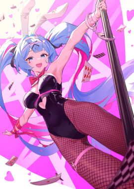 1girls absurd_res absurdres armpits belly belly_button black_bunnygirl_costume black_bunnysuit black_hair_ribbon black_legwear black_pantyhose black_ribbon blue-eyed_female blue-haired_female blue_eyes blue_hair bowtie breasts bunny_ears bunny_girl bunny_tail bunnygirl_outfit cards cleavage cleft_of_venus collar cross_hair_ornament cuffs dot_nose elbows extended_arm eyebrows_visible_through_hair female female_focus female_only fingers fishnet_legwear fishnet_pantyhose groin hair_ornament hair_ornaments hair_ribbon hairband hatsune_miku head_tilt high_resolution highres hourglass_figure legs legwear light-skinned_female light_skin long_hair looking_at_viewer m1z medium_breasts navel open_mouth open_mouth_smile pantyhose parted_lips pink-haired_female pink_background pink_bowtie pink_eyebrows pink_hair pole purple_background rabbit_hole_(vocaloid) ribbon shoulders simple_background slender_body slender_waist slim_female slim_waist smile smiling smiling_at_viewer solo spread_arms standing thick_thighs thighband thighs thin_waist tilted_head tongue twintails twintails_(hairstyle) underboob upper_body upper_teeth v-line vocaloid white_bunny_ears white_collar wide_hips