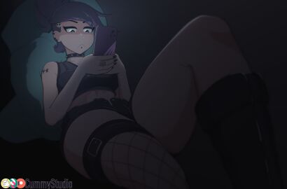 breasts cummy_friends cummystudio dark dark_hair female fishnets foster's_home_for_imaginary_friends frankie_foster goth goth_girl imaginary_frankie light_skin lying night phone piercing