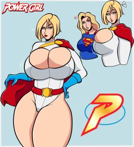 2girls big_breasts blonde_hair blue_eyes blueartfiend breasts character_name dc dc_comics female giant_breasts girl_staring_at_guy's_chest huge_breasts kara_danvers kara_zor-el karen_starr large_breasts power_girl size_difference supergirl superheroine superman_(series) text thick_thighs thighs