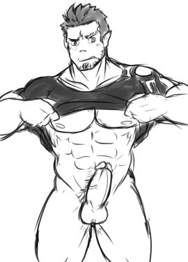 balls bara boner bottomless erection facial_hair free_(soul_eater) male male_only monochrome muscles muscular pantsless penis pointy_ears shirt solo solo_male soul_eater thewildwolfy werewolf yaoi