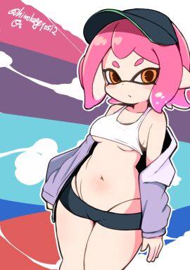 1girls artist_signature blush bra breasts female inkling inkling_girl light-skinned_female light_skin looking_at_viewer makino_nono midriff navel nintendo orange_eyes panties pink_hair short_hair small_breasts solo splatoon splatoon_(series) splatoon_2 splatoon_3 sports_bra tentacle_hair tight_clothing underboob visor