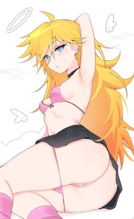 absurdres ahoge armpits ass blonde_hair blue_eyes blush bra breasts commentary ear_piercing earrings english_commentary female halo highres jewelry long_hair looking_at_viewer medium_breasts nyaivie panties panty_&_stocking_with_garterbelt panty_anarchy panty_pull pink_bra pink_panties pleated_skirt pussy skirt solo sweat thighhighs traditional_halo underwear