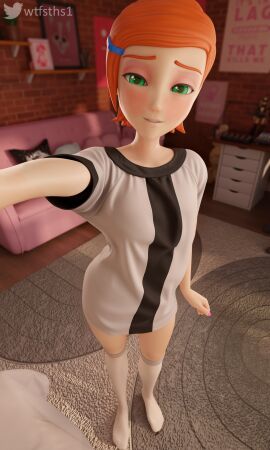 1girls 3d ben_10 blender blender_(software) blender_cycles blush blushing_at_viewer dressed eye_contact female female_only green_eyes gwen_tennyson implied_incest long_socks oversized_clothes pink_nails red_hair selfie selfie_pose socks solo thigh_socks thighhighs white_socks wtfsths