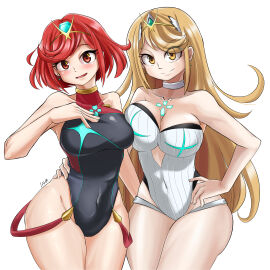 1boy 2girls absurdres bare_arms bare_shoulders black_one-piece_swimsuit blonde_hair blush breasts choker cleavage closed_mouth collarbone competition_swimsuit core_crystal covered_navel cowboy_shot dual_persona earrings eyes_visible_through_hair female female_focus hand_on_another's_hip highleg highleg_one-piece_swimsuit highres jewelry large_breasts laz_gm long_hair male matching_hair/eyes multiple_females multiple_girls mythra nintendo one-piece_swimsuit open_mouth pyra red_eyes red_hair short_hair simple_background smile swimsuit tiara white_background white_choker white_one-piece_swimsuit xenoblade_(series) xenoblade_chronicles_(series) xenoblade_chronicles_2 yellow_eyes