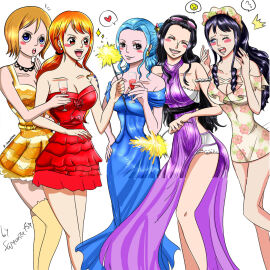 5girls arm_tattoo baby_5 belt big_breasts black-haired_female black_hair blue-haired_female blue_eyes blue_hair blue_tattoo breasts brown_eyes brown_hair dress female female_only flower heart koala_(one_piece) long_hair multiple_females multiple_girls nami_(one_piece) nefertari_vivi nico_robin one_piece orange-haired_female orange_eyes orange_hair ponytail purple_hair red_eyes ribbon samanta95 short_hair sunglasses tattoo thighs