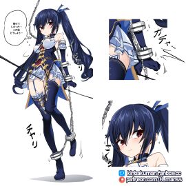 1girls absurd_res arms_behind_back bare_shoulders black_hair blush bondage bound bound_ankles bound_arms bound_elbows bound_wrists breasts chains choujigen_game_neptune cleavage crotch_rope cuffs dress elbow_gloves female female_only femsub garter_straps gloves hair_between_eyes hair_ornament hair_ribbon highres kinbakuman long_hair medium_breasts metal_bondage neptunia_(series) no_escape noire panties red_eyes restrained ribbon rope_walking self_bondage shackles simple_background skirt solo steel_bondage sweatdrop text thighhighs translated twintails very_long_hair white_background