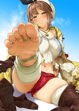 arm_support atelier_(series) atelier_ryza belt blush boots breasts bridal_legwear brown_eyes brown_footwear brown_hair commentary_request feet female foot_fetish foot_focus foot_up foreshortening gloves hair_ornament hairclip hat highleg_shorts highres jewelry looking_at_viewer medium_breasts navel necklace open_mouth partially_visible_vulva pija_(pianiishimo) pussy red_shorts reisalin_stout short_hair short_shorts shorts single_boot sitting smile soles solo star_(symbol) steaming_body stirrup_legwear sweat thighhighs thighhighs_under_boots thighs toe_ring toeless_legwear toes unworn_boots upshorts white_hat