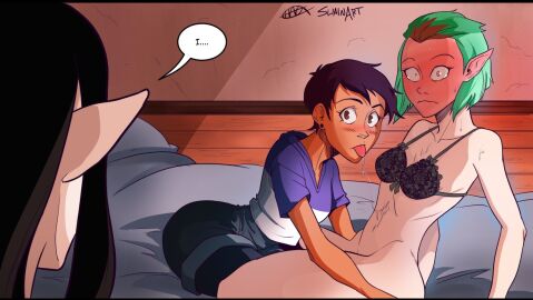 2d 2d_(artwork) 3girls amity_blight artist_name artist_signature bed black_hair blush blushing_profusely bra breasts brown_hair canon_couple caught caught_in_the_act dark-skinned_female dark_skin denim_shorts disney disney_channel drool elf female female_only green_hair hoodie human interrupted interuption licking light-skinned_female light_skin lilith_clawthorne luz_noceda saliva saliva_trail small_breasts swain_(artist) the_owl_house tongue tongue_out walking_in_on witch_(the_owl_house) wooden_floor yuri