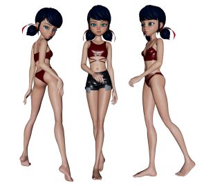 1girls 3d aniroxas bikini blue_shorts daz_studio marinette_dupain-cheng miraculous_ladybug model_sheet red_bikini shorts solo swimsuit